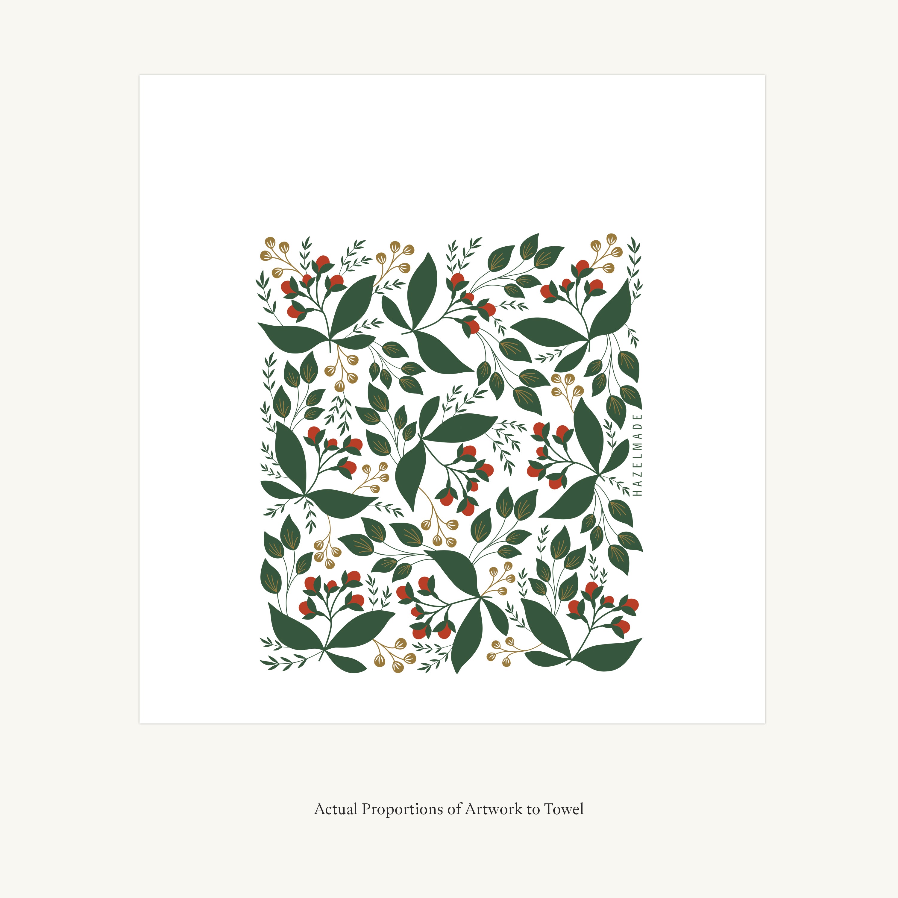 Flat view of the Winterberry Tea Towel showing the full hand-illustrated winterberry design and overall design proportions