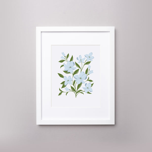 Giclee archival 8” by 10” art print with an illustration of blue dogwood flowers.