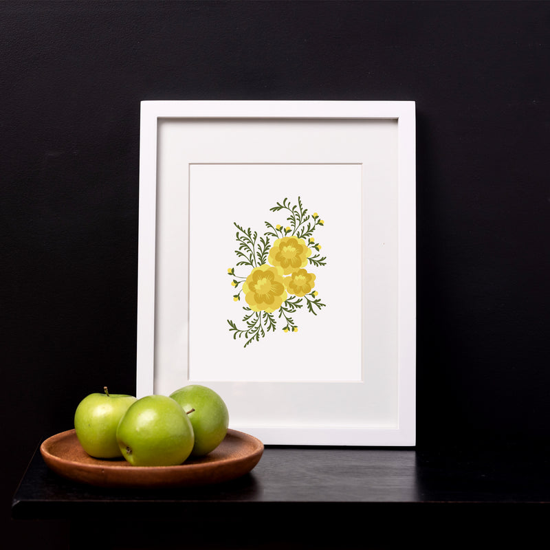Giclee archival 8” by 10” art print with an illustration of marigolds.