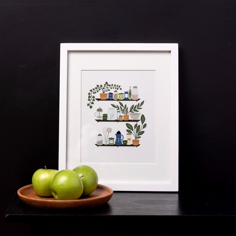 Giclee archival 8” by 10” art print with an illustration of three shelfs holding common kitchen items.