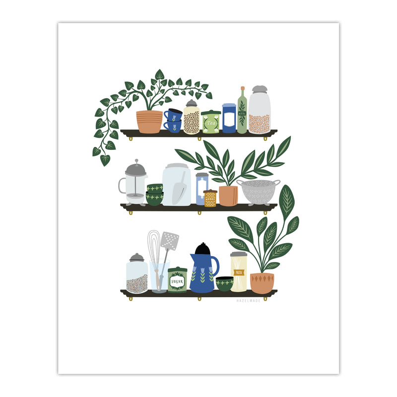 Giclee archival 8” by 10” art print with an illustration of three shelfs holding common kitchen items.