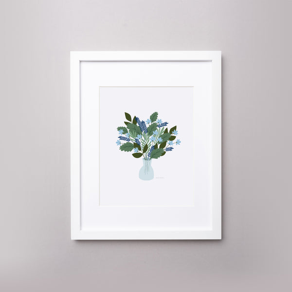 Giclee archival 8” by 10” art print with an illustration of a vase and blue flowers.