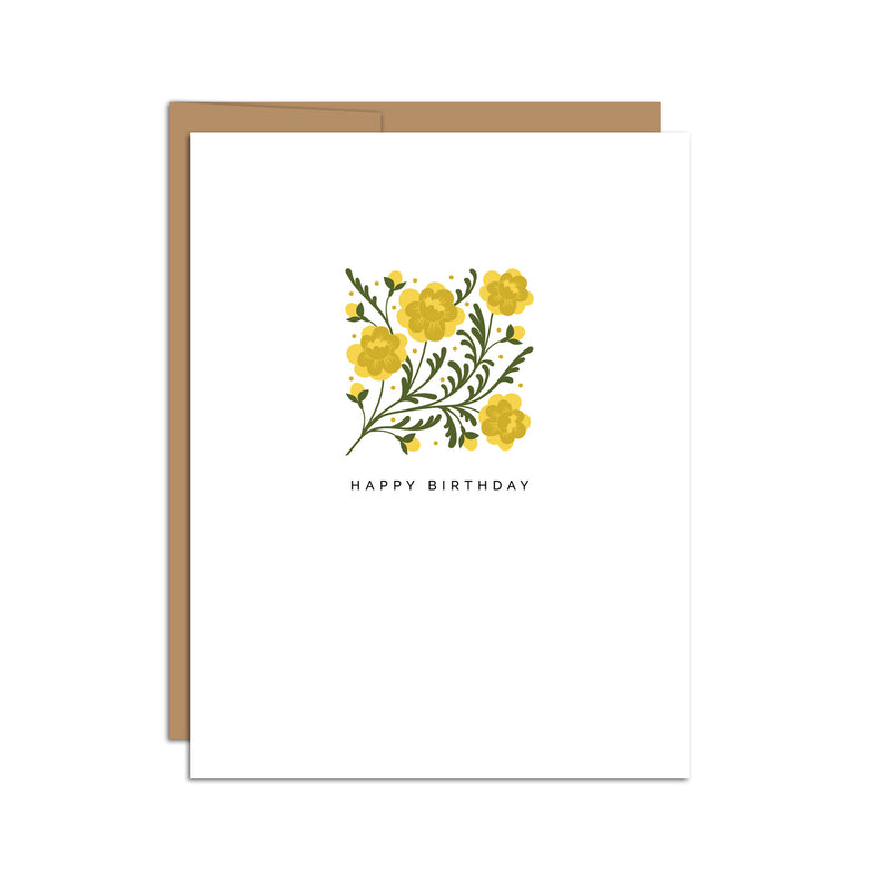 Single folded A2 greeting card with an envelope with an illustration of marigolds. Under the illustration, the text states "Happy Birthday".