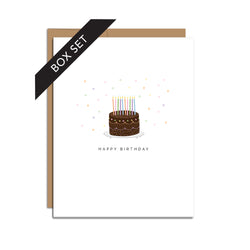 Box set of 8 folded A2 greeting cards with envelopes with an illustration of a singular chocolate cake with candles. Below the cake, the text states "Happy Birthday".