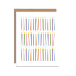 Single folded A2 greeting card with an envelope with an illustration of three rows of orange, pink, green, purple, and blue repeating candles.