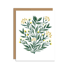 Single folded A2 greeting card with an envelope with an illustration of yellow aster flowers and green leaves.
