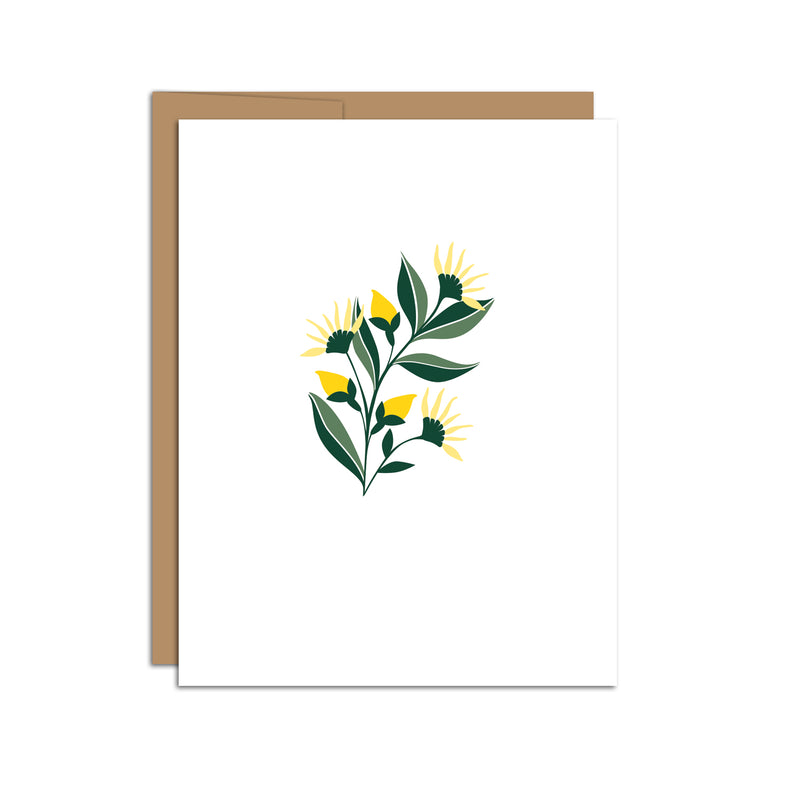 Single folded A2 greeting card with an envelope with an illustration of yellow aster flowers in the center of the card.