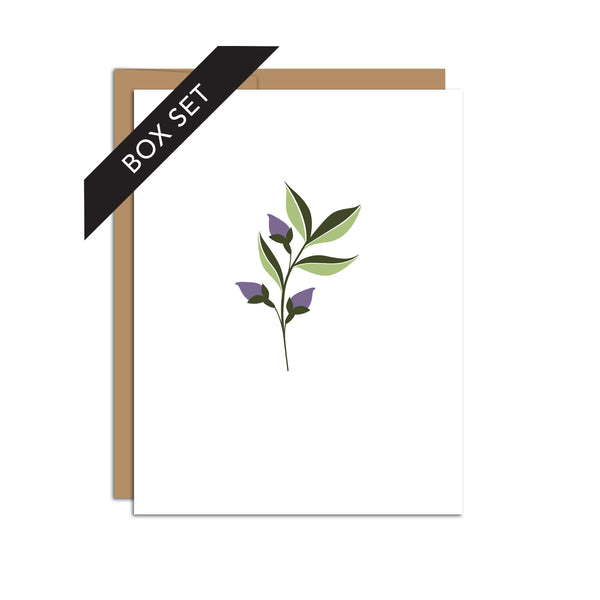 Box set of 8 folded A2 greeting cards with envelopes with an illustration of a purple ivy sprig in the center of the card.