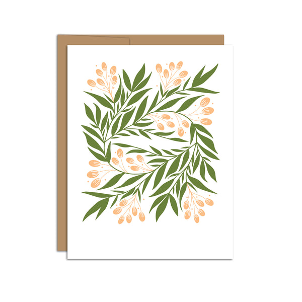 Single folded A2 greeting card with an envelope with an illustration of tuscan florals such as green leaves and orange details.