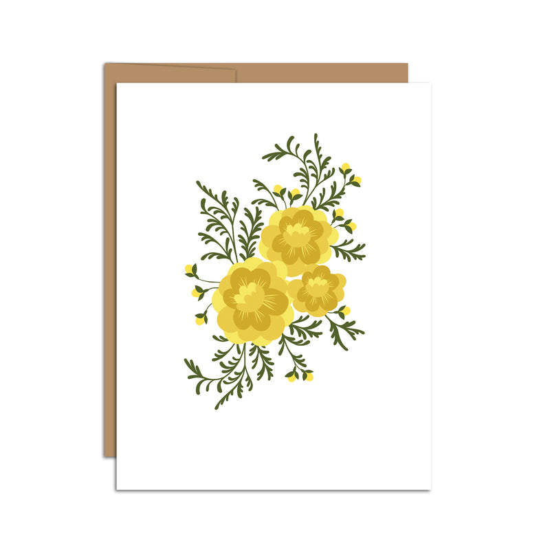 Single folded A2 greeting card with an envelope with an illustration of yellow marigolds in the center of the card.