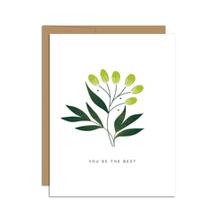 Single folded A2 greeting card with an envelope with an illustration of a green leaf in the center of the card and text below it that states "You're The Best".