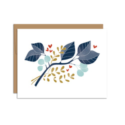 Single folded A2 greeting card with an envelope with an illustration of a blue branch with red hearts and brown details.