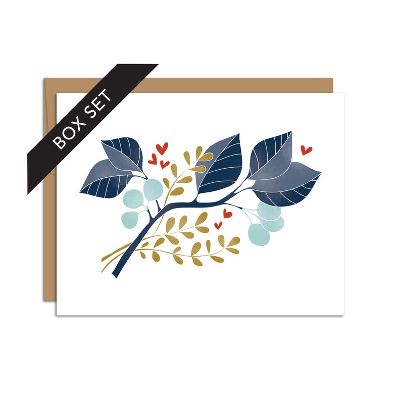Box set of 8 folded A2 greeting cards with envelopes with an illustration of a blue branch with red hearts and brown details.