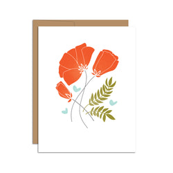 Single folded A2 greeting card with an envelope with an illustration of red poppies and green/brown wheat.