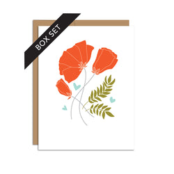 Box set of 8 folded A2 greeting cards with envelopes with an illustration of red poppies and green/brown wheat.