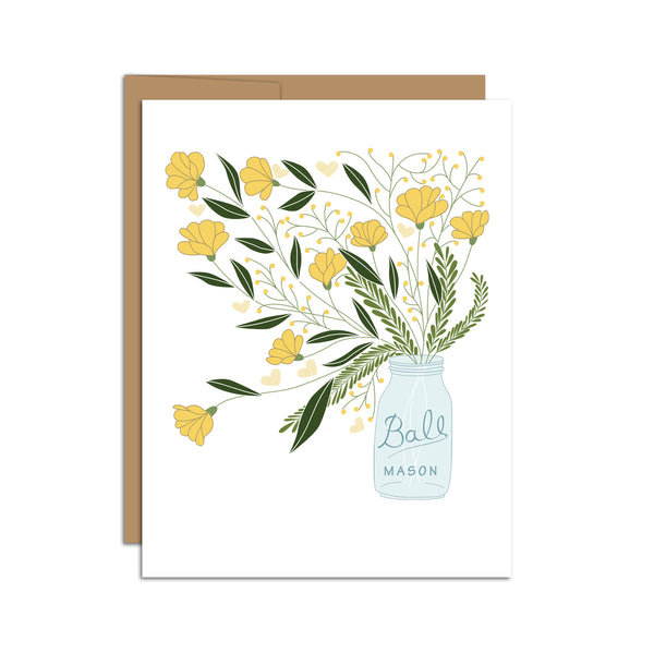 Single folded A2 greeting card with an envelope with an illustration of a mason jar with yellow flowers and green leaves coming out of it.