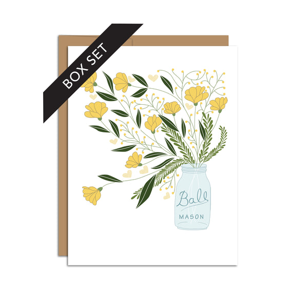 Box set of 8 folded A2 greeting cards with envelopes with an illustration of a mason jar with yellow flowers and green leaves coming out of it.