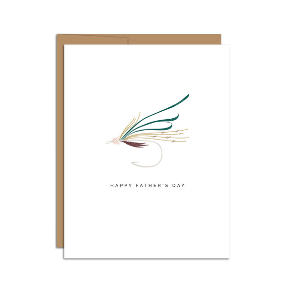 Single folded A2 greeting card with an envelope with an illustration of a fly fishing hook and text below it that states "Happy Father's Day".