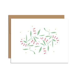 Single folded A2 greeting card with an envelope with an illustration of multiple green leaves and red berries.