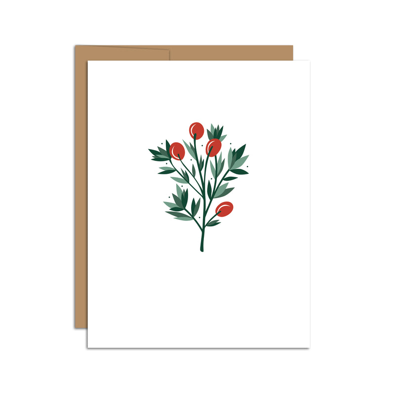 Single folded A2 greeting card with an envelope with an illustration of a sprig of red holly berries and green leaves.