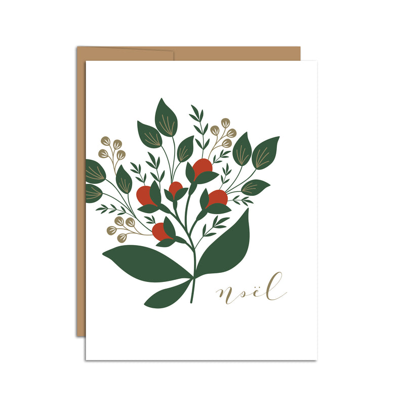Single folded A2 greeting card with an envelope with an illustration of a winterberry branch and text that states "Noel" in cursive.