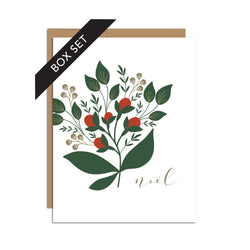 Box set of 8 folded A2 greeting cards with envelopes with an illustration  of a winterberry branch and text that states "Noel" in cursive.