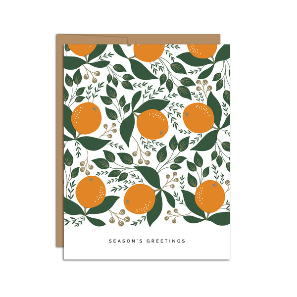 Single folded A2 greeting card with an envelope with an illustration of oranges and green leaves in a repeating pattern. Below is text that states "Season's Greetings".