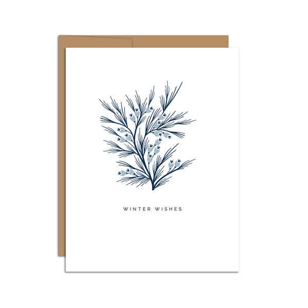 Single folded A2 greeting card with an envelope with an illustration of a singular dark blue winter branch and text directly below it that states "Winter Wishes".