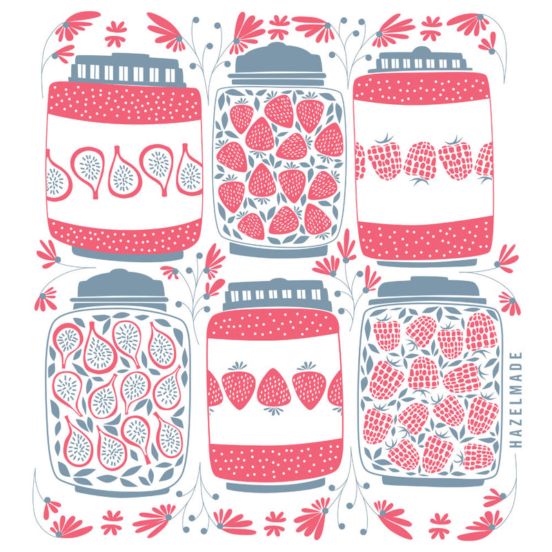 Digital rendering of tea towel with an illustration of jam jars