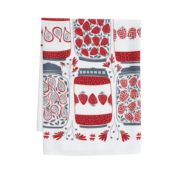 A single 100% cotton flour sack towel with an illustration of jam jars