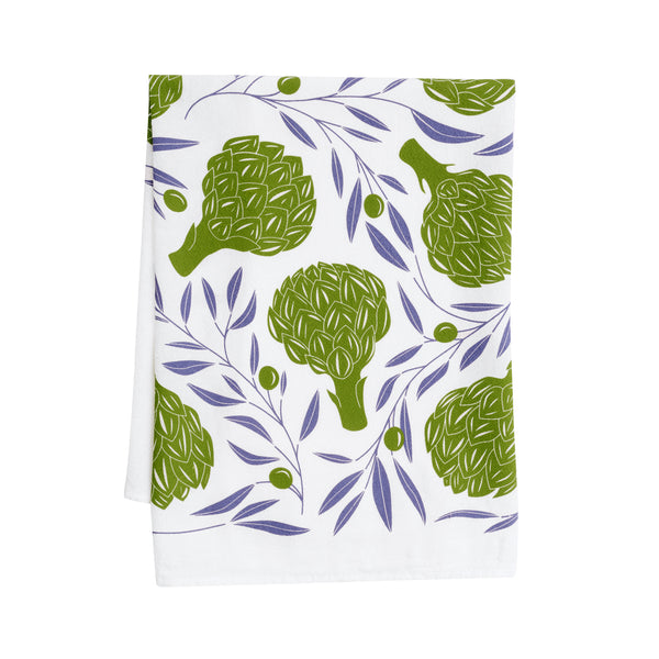 A single 100% cotton flour sack towel with an illustration of artichokes and olive vines