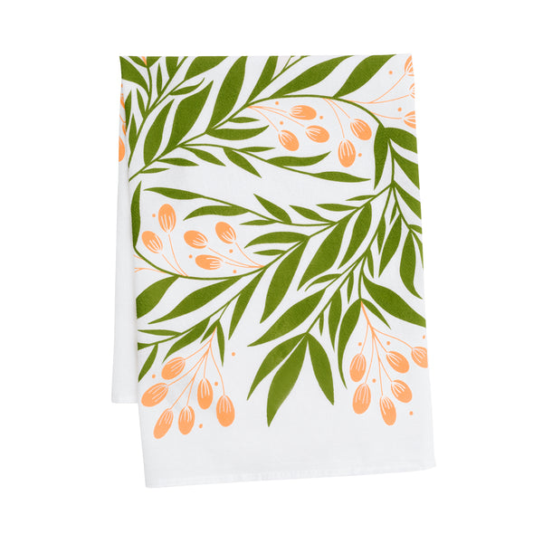 A single 100% cotton flour sack towel with an illustration of tuscan florals