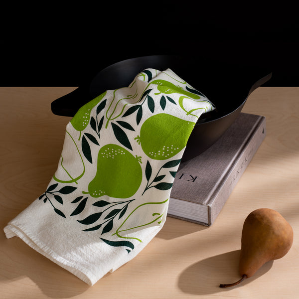 A single 100% cotton flour sack towel with an illustration of pears