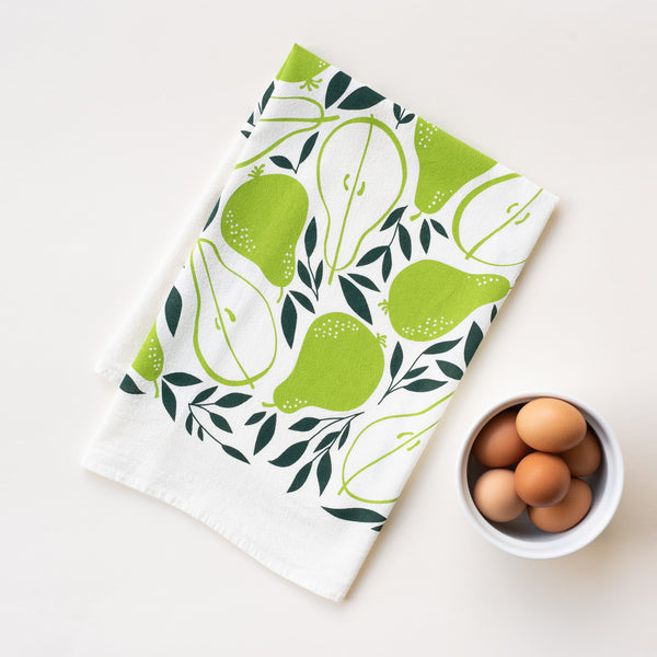A single 100% cotton flour sack towel with an illustration of pears