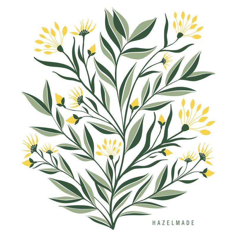 Digital rendering of tea towel with an illustration of a bouquet of yellow flowers