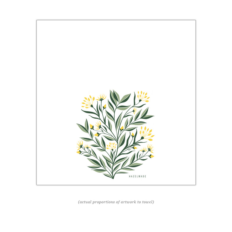 Digital rendering of tea towel with an illustration of a bouquet of yellow flowers