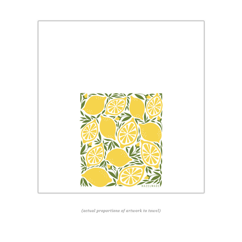 Digital rendering of tea towel with an illustration of lemons
