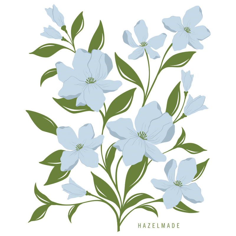 Digital rendering of tea towel with an illustration of a bouquet of blue flowers