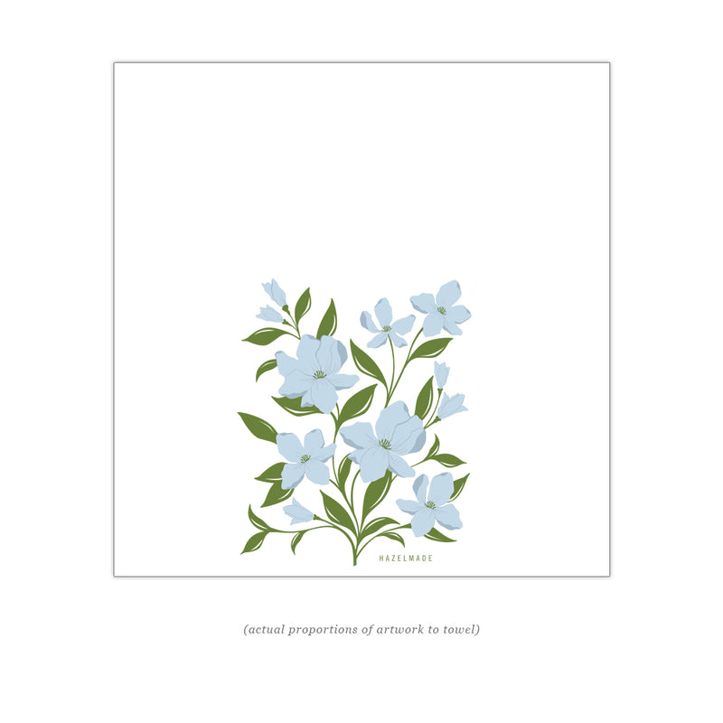 Digital rendering of tea towel with an illustration of a bouquet of blue flowers