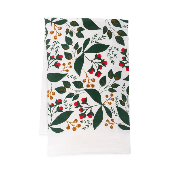 A single 100% cotton flour sack towel with an illustration of winterberries