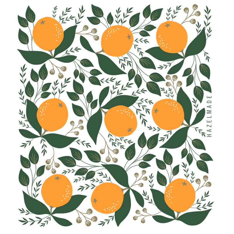 Digital rendering of tea towel with an illustration of winter citrus oranges