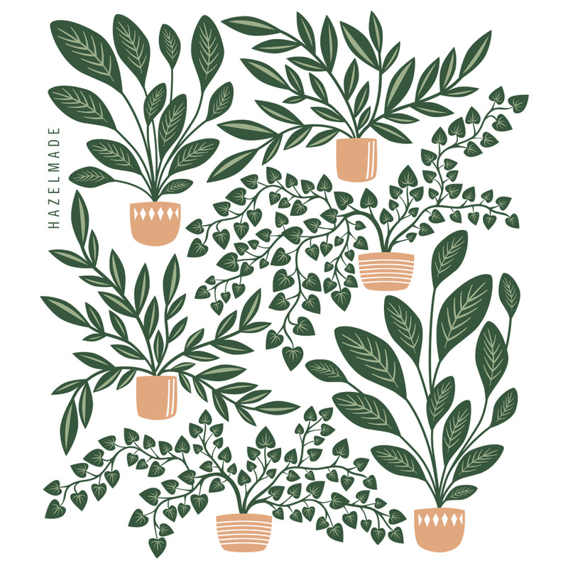 Digital rendering of tea towel with an illustration of potted houseplants