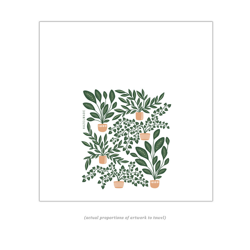 Digital rendering of tea towel with an illustration of potted houseplants