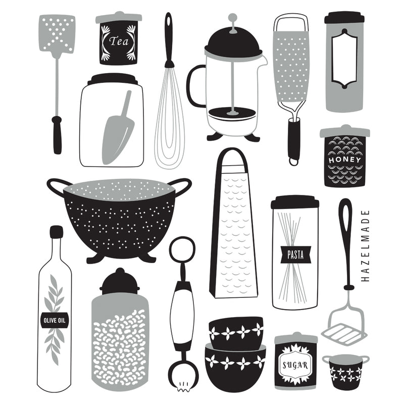Digital rendering of tea towel with an illustration of kitchen utensils