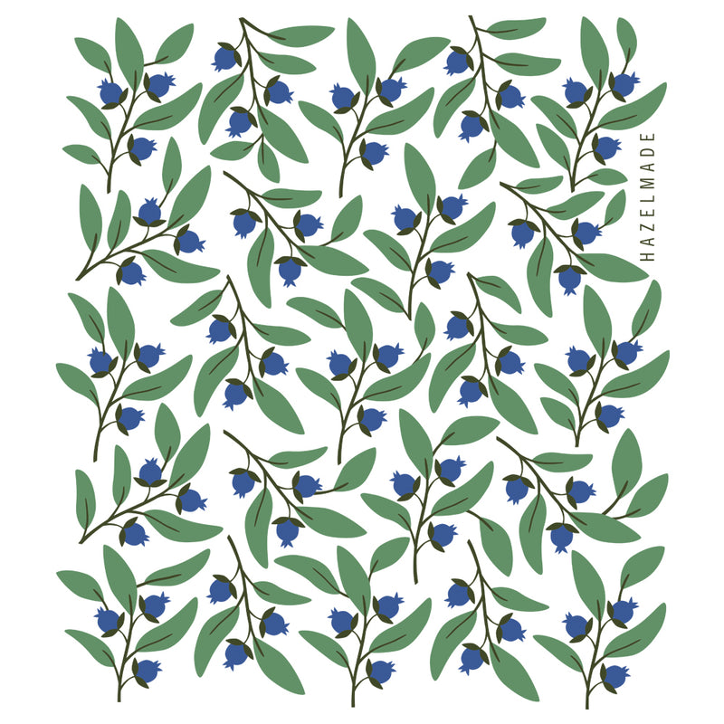 Digital rendering of tea towel with an illustration of blueberries