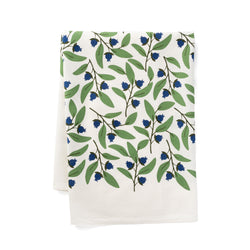 A single 100% cotton flour sack towel with an illustration of blueberries
