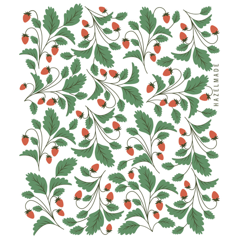 Digital rendering of tea towel with an illustration of strawberries