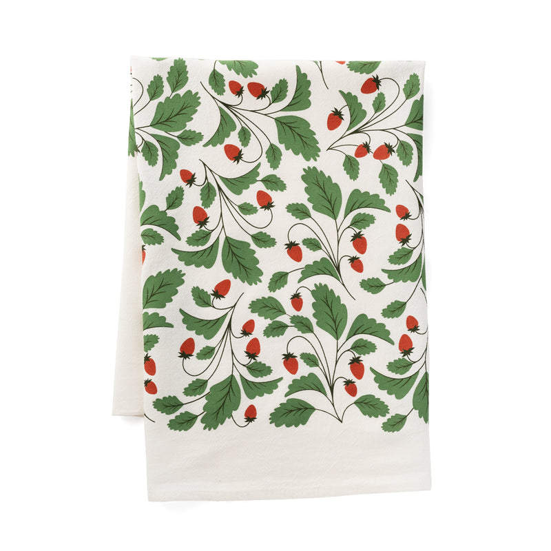 A single 100% cotton flour sack towel with an illustration of strawberries