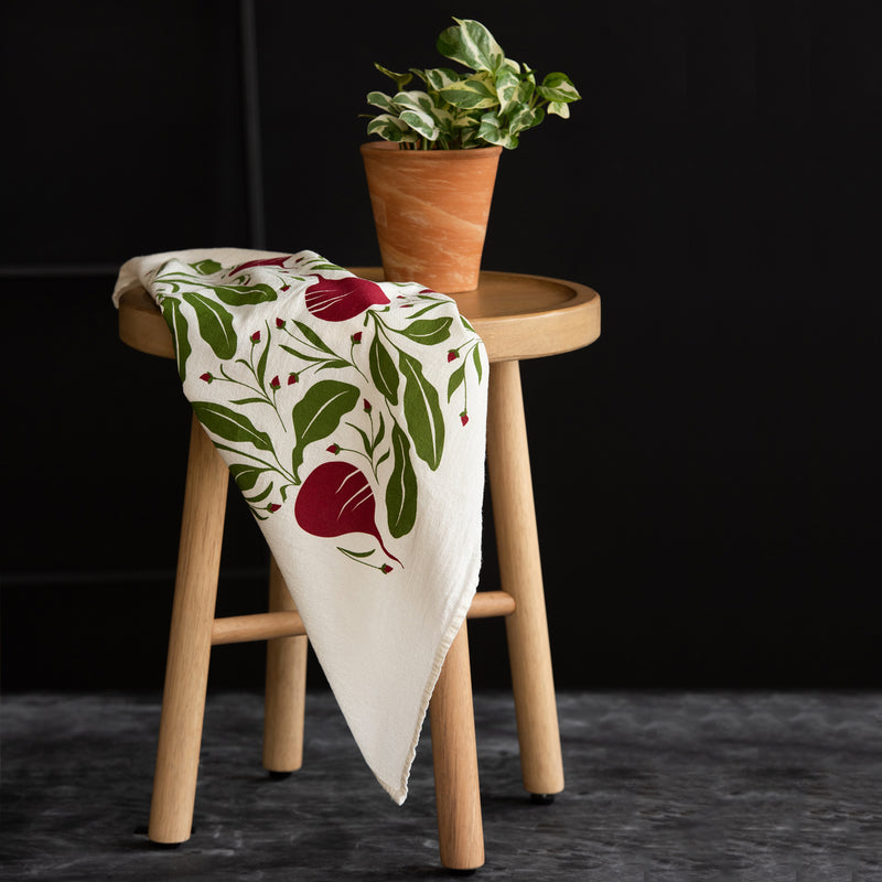 A single 100% cotton flour sack towel with an illustration of beets