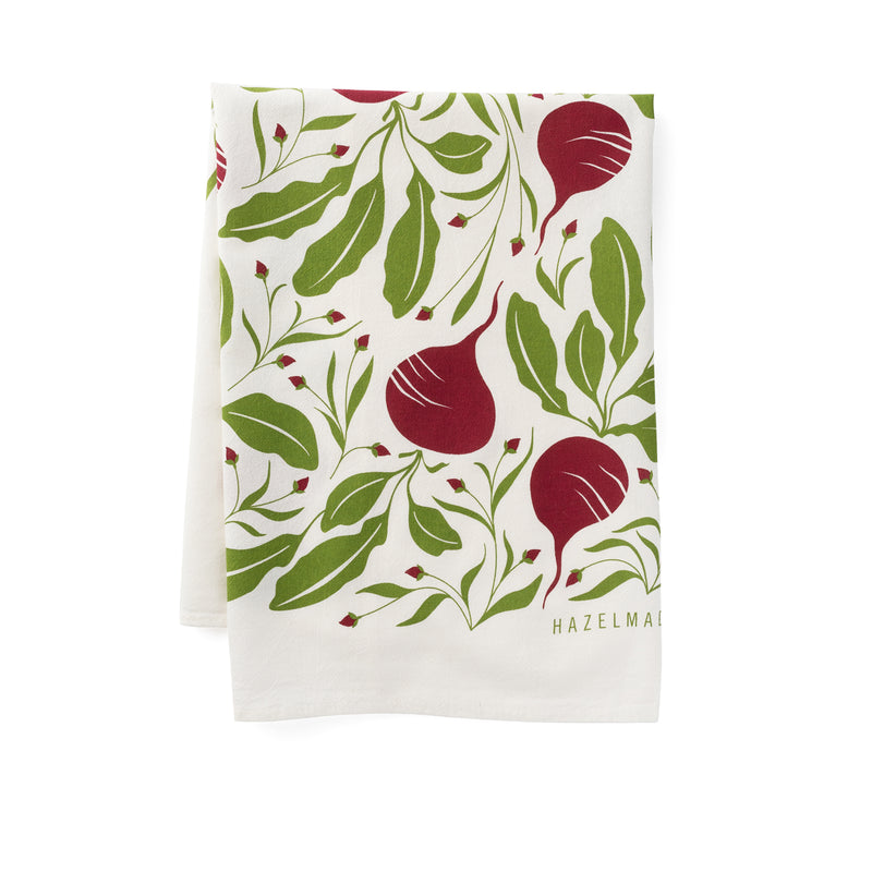 A single 100% cotton flour sack towel with an illustration of beets